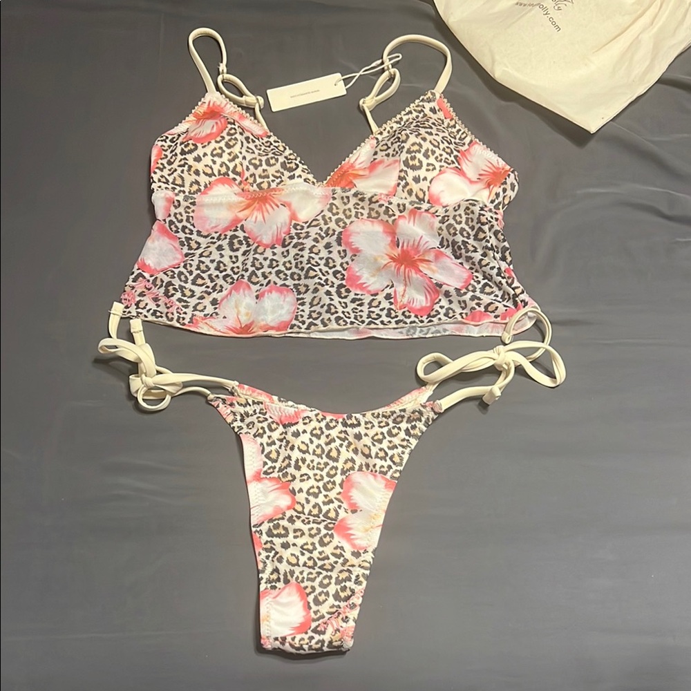 Leopard print and hibiscus flower two piece bikini.